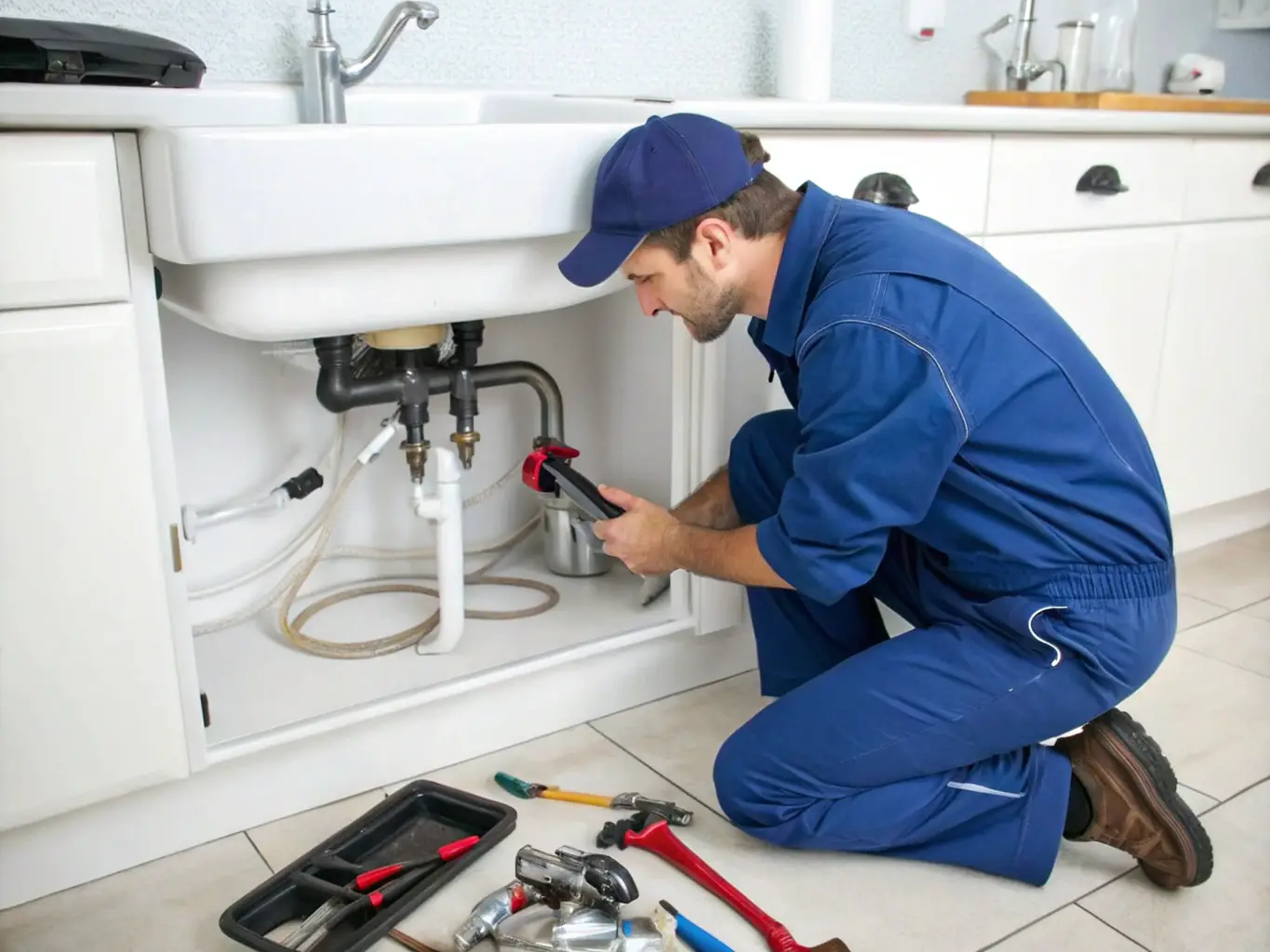A technician working on plumbing in a doctor's surgery, emphasizing Haynes and Frost Plumbing & Heating's experience in specialized sectors.