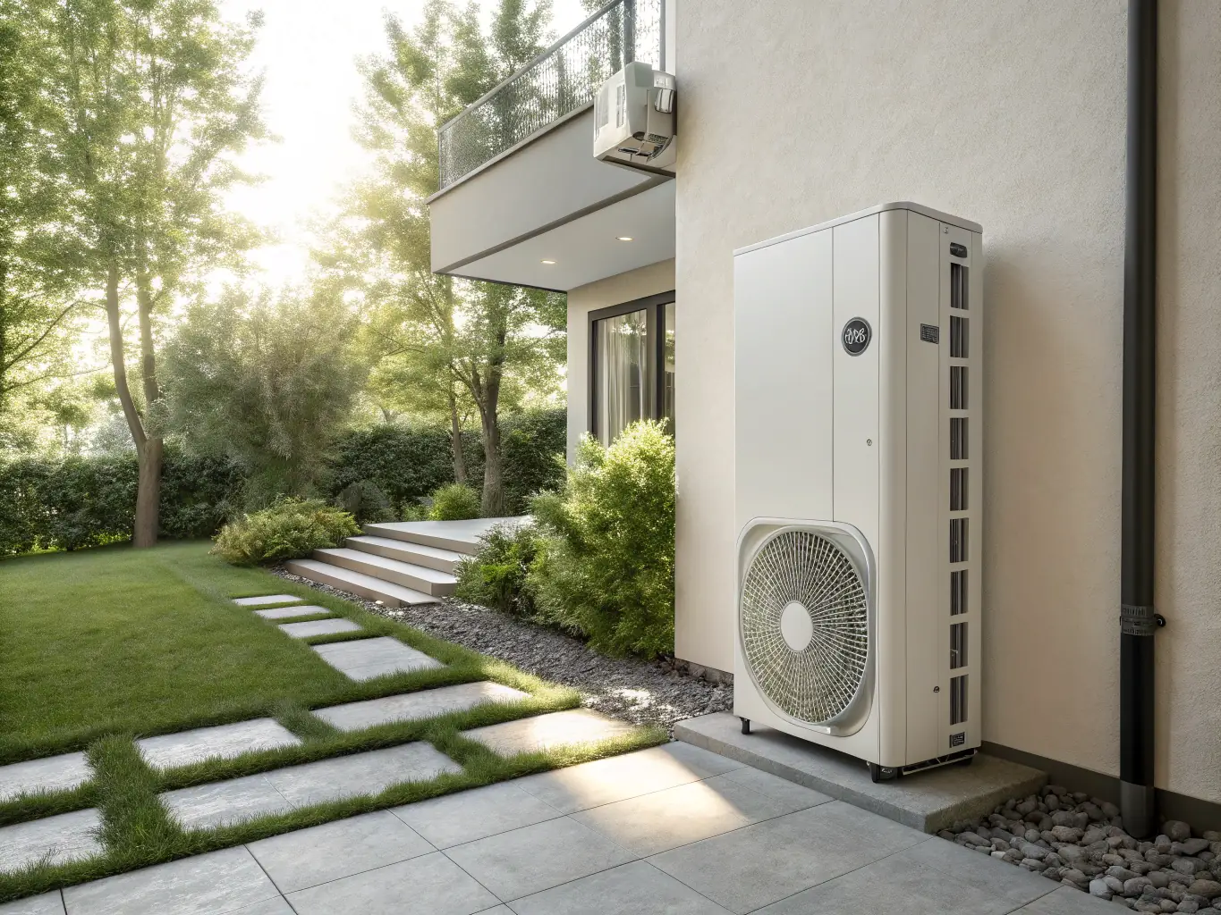 A modern air source heat pump installed neatly outside a residential home, showcasing its compact design and integration with the property's exterior.