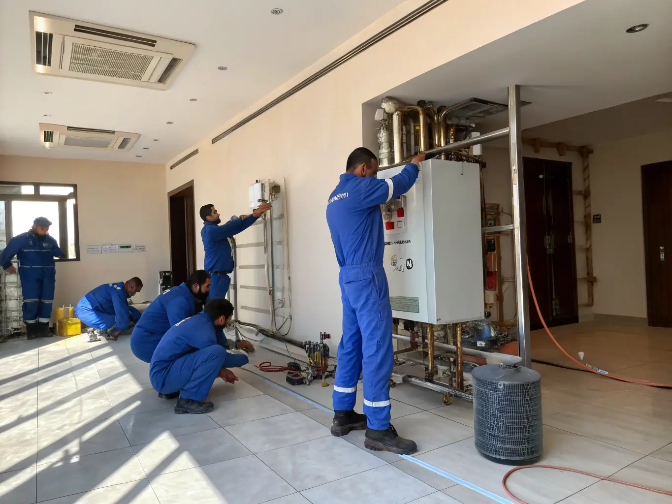 A professional team installing a large commercial boiler in a modern office building, showcasing Haynes and Frost Plumbing & Heating's expertise in commercial boiler installations.