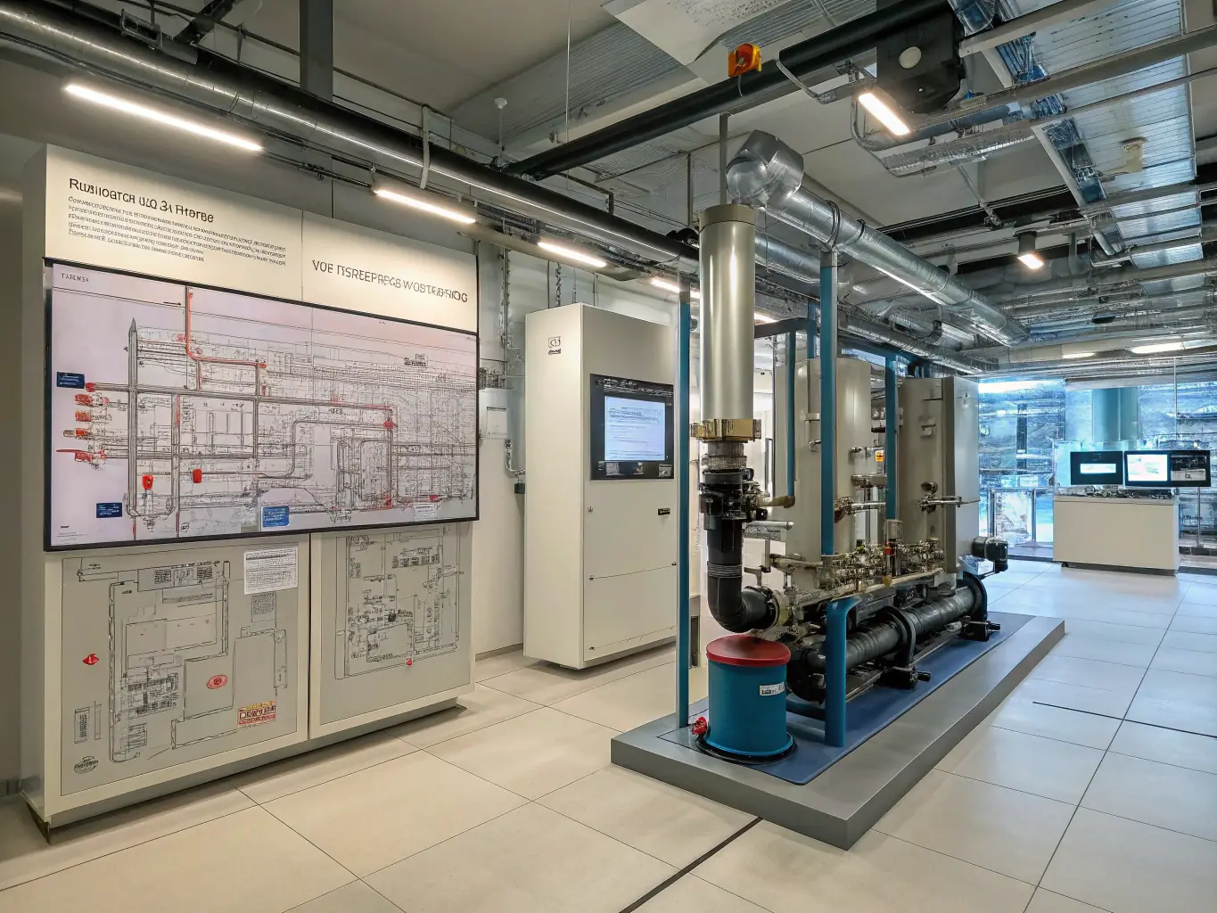A complex network of pipes and valves in a commercial central heating system, highlighting Haynes and Frost Plumbing & Heating's expertise in designing and installing central heating systems.