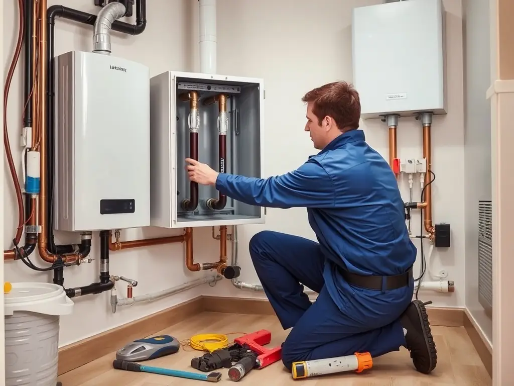 A technician servicing a domestic boiler in a clean and organized utility room, highlighting Haynes and Frost's commitment to quality servicing.